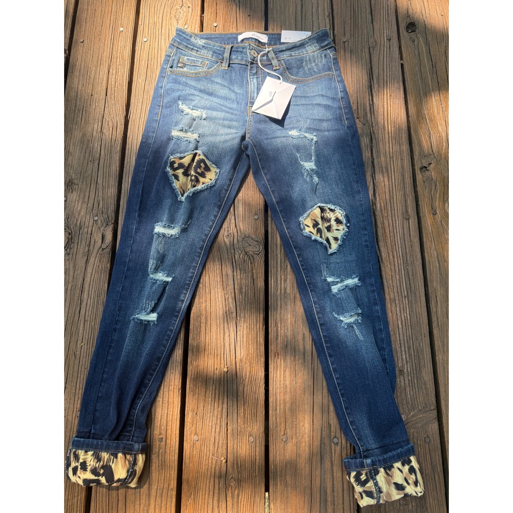 KanCan Safari Soul Skinny Jeans Distressed Leopard Print Patch Dark Wash 7/27 - Picture 2 of 10